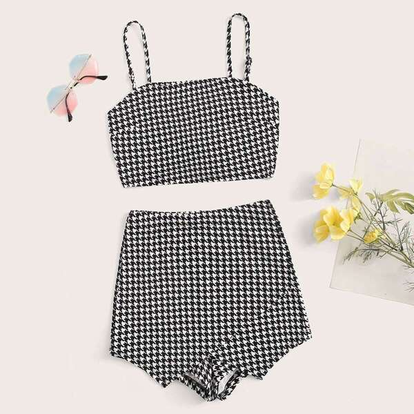 

Knot Back Houndstooth Cami Top and Wrap Shorts Set, Black and white