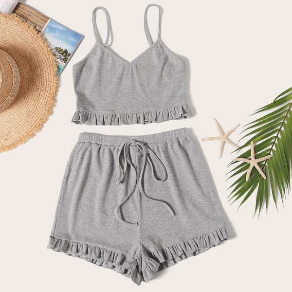 

Rib-knit Ruffle Cami Top and Knot Shorts Set, Grey