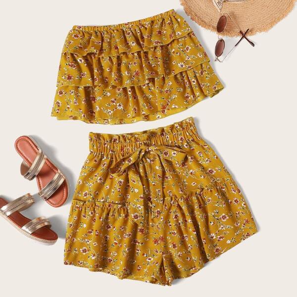 

Layered Ruffle Strapless Top and Shorts Set, Yellow