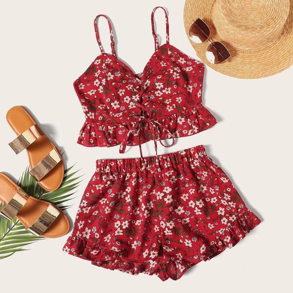 

Ditsy Floral Lace-up Cami Top and Shorts Set