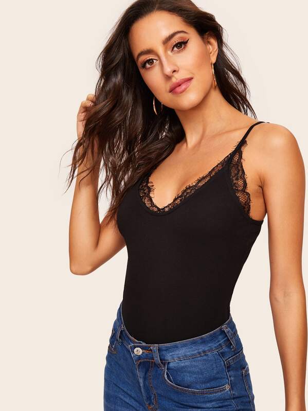 

Lace Insert Fitted Cami Top, Black, Mary P.