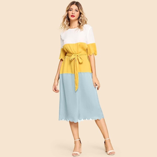 

Keyhole Back Colorblock Scallop Hem Dress, Multicolor