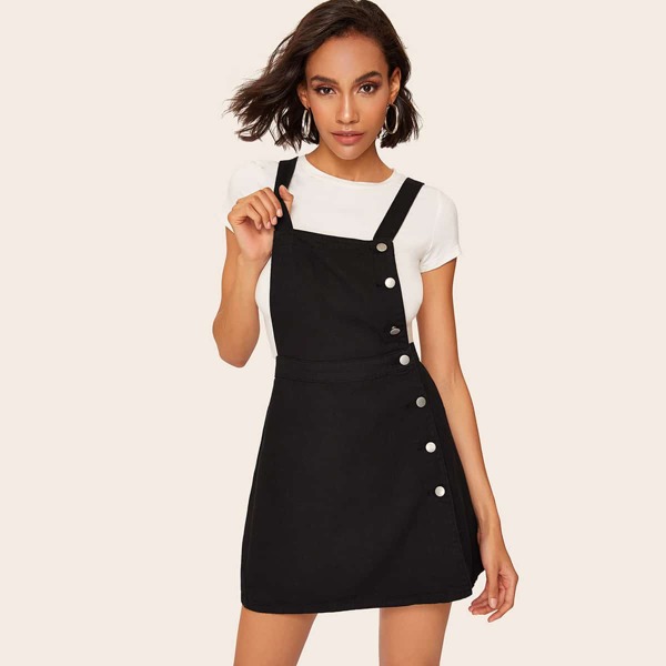 

Button Front Overall Dress, Black