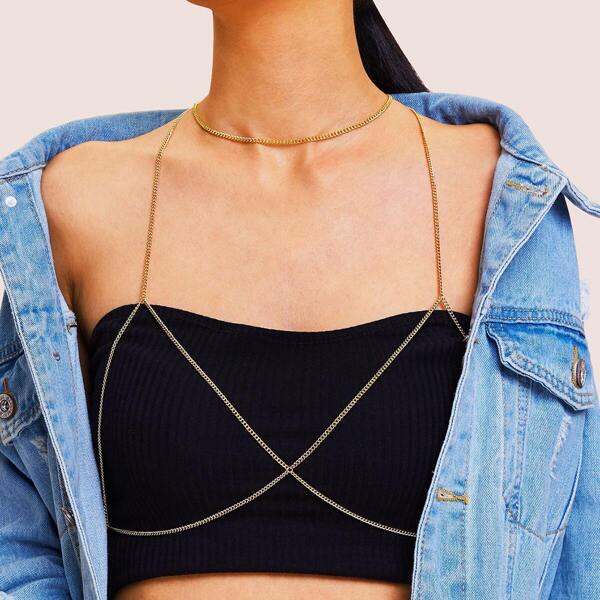 

Simple Bralette Body Chain With Choker 1pc, Gold