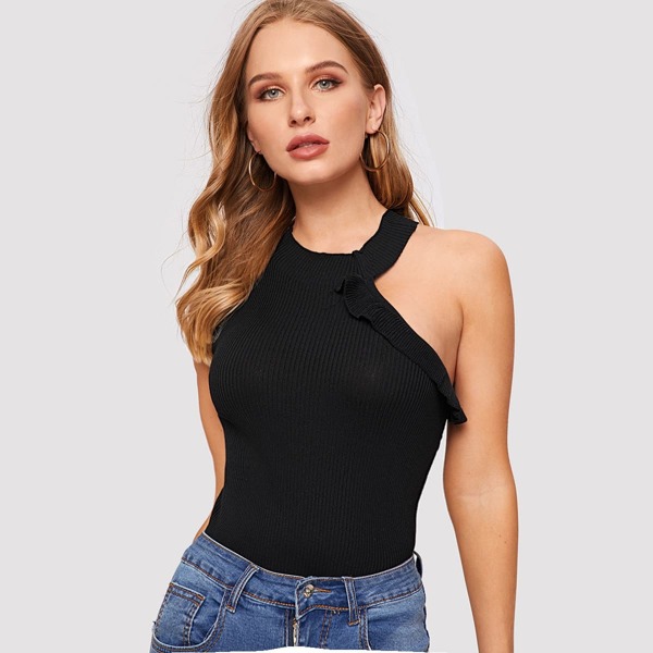 

Asymmetrical Shoulder Ruffle Detail Knit Top