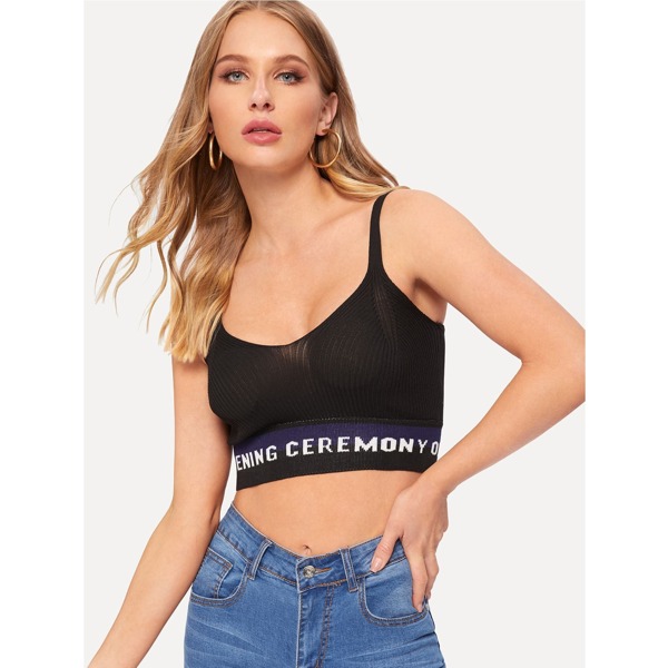 

Lettering & Striped Hem Ribbed Crop Top