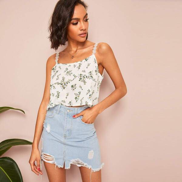 

Flower Print Lace Strap Crop Top