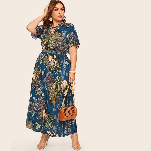 

Plus Tie Neck Smock Waist Botanical & Paisley Dress, Multicolor