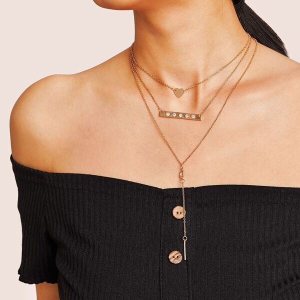 

Bar & Heart Pendant Layered Lariats Necklace 1pc