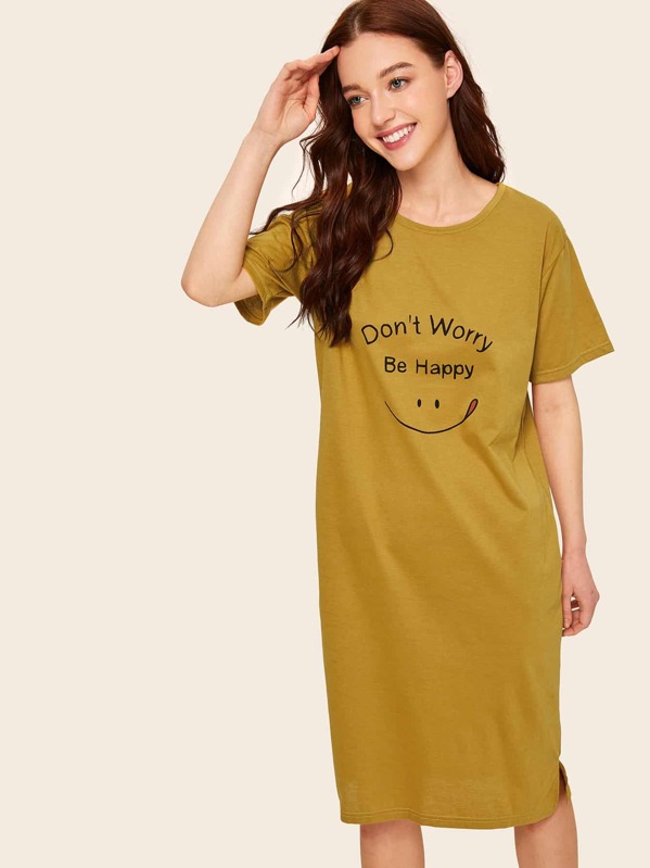 

Smile & Letter Graphic Night Dress, Yellow, Poly