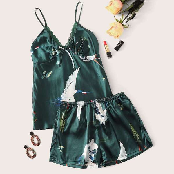 

Crane Print Lace Trim Satin Cami PJ Set, Multicolor