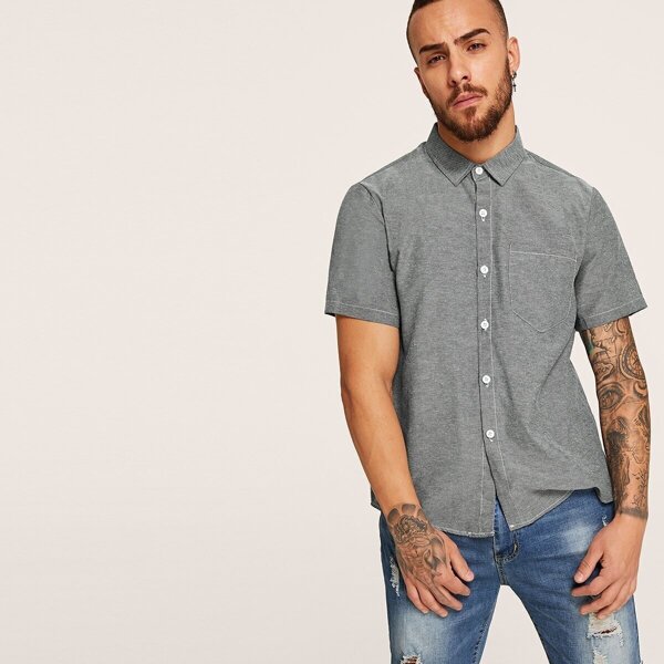 

Men Curved Hem Solid Shirt, Grey