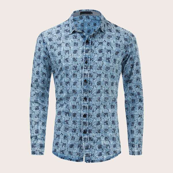 

Men Plaid Wash Denim Shirt