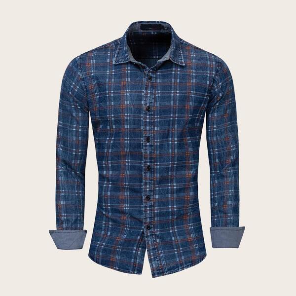 

Men Plaid Wash Denim Shirt, Navy blue