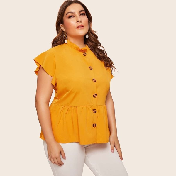 

Plus Button Front Peplum Blouse, Yellow
