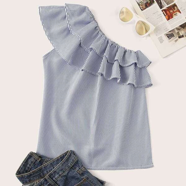 

Plus One-shoulder Ruffle Trim Stripe Blouse, Blue