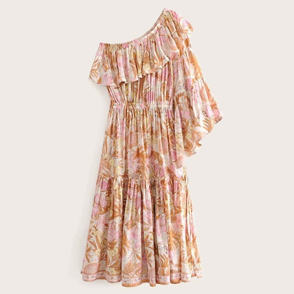 

One-shoulder Floral Print Ruffle Trim Dress
