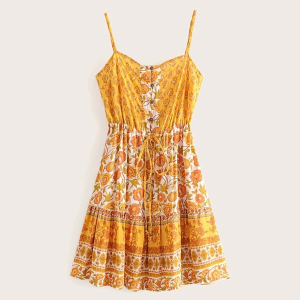 

Drawstring Waist Floral Print Cami Dress, Yellow