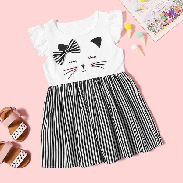 

Toddler Girls Striped Bow Detail Ruffle Sleeve Dress, Multicolor