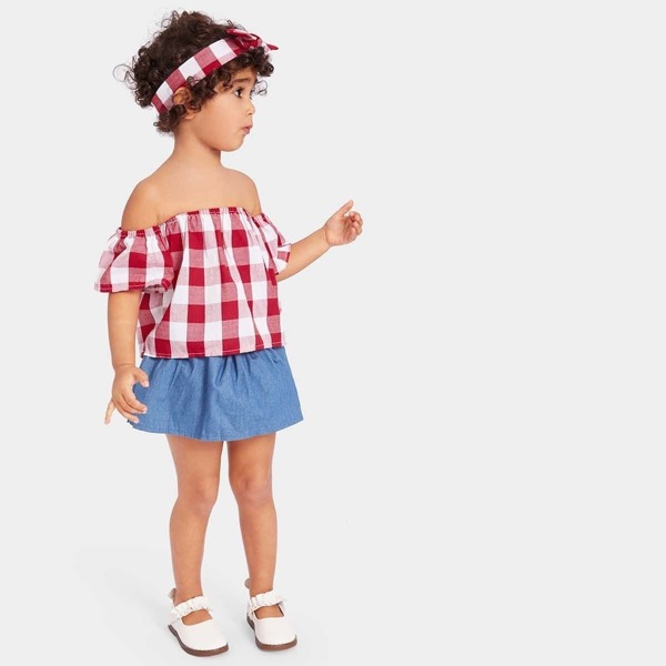 

Toddler Girls Off The Shoulder Plaid Blouse & Denim Culottes & Headband, Multicolor