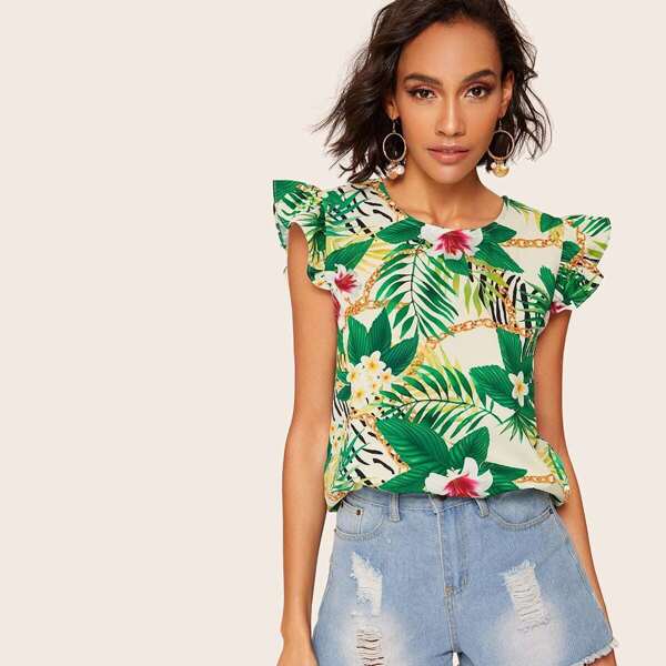 

Tropical Print Ruffle Trim Blouse