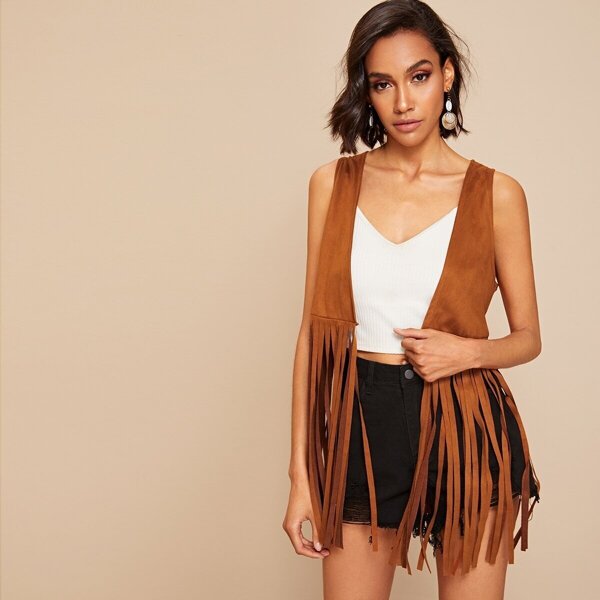 

Solid Fringe Detail Suede Jacket, Brown