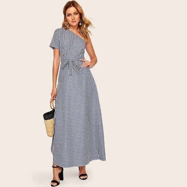 

One Shoulder Gingham Maxi Dress