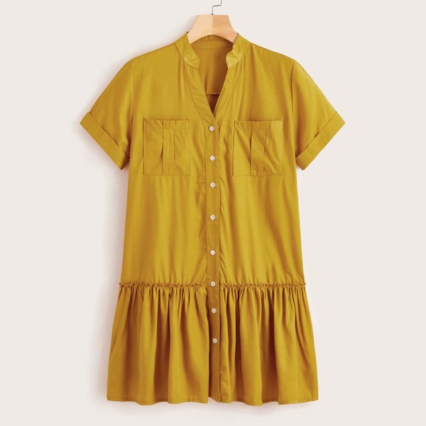

Ruffle Hem Pocket Shirt Dress