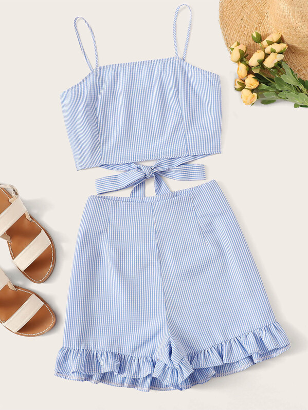 

Knot Gingham Cami Top With Ruffle Hem Shorts, Blue