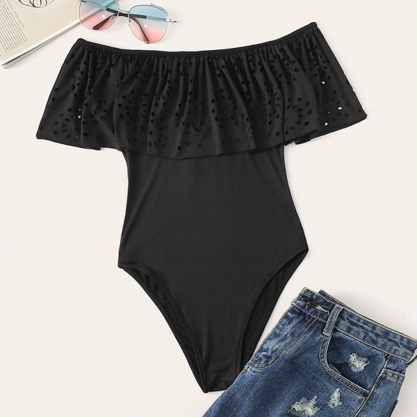 

Off The Shoulder Laser Cut Ruffle Trim Bodysuit
