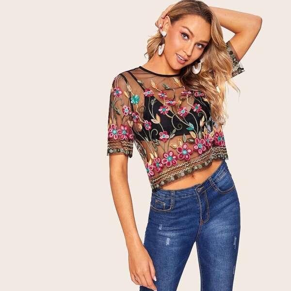

Botanical Embroidery Sheer Mesh Top Without Bra