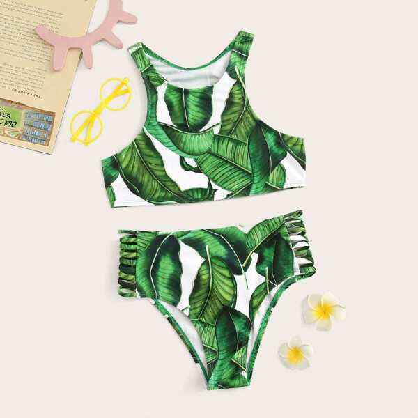 

Girls Random Palm Print Ladder Cut-out Bikini Set