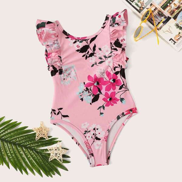 

Girls Random Floral Ruffle Trim One Piece Swimsuit
