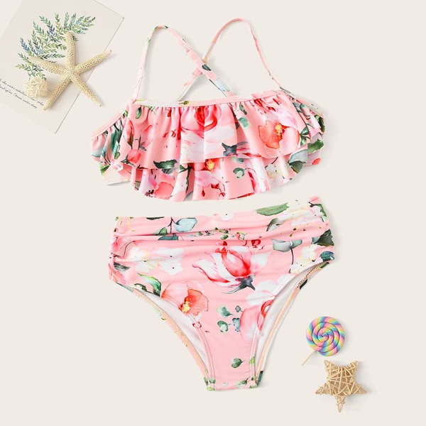 

Girls Random Floral Ruched Flounce Bikini Set