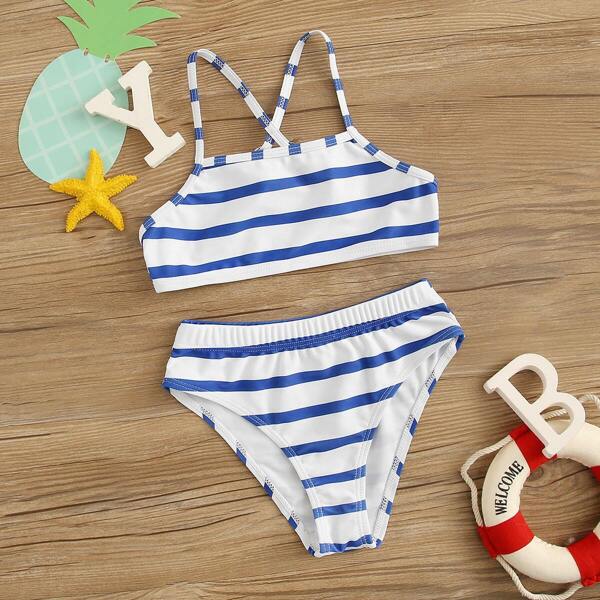 

Girls Striped Criss-cross Top With High Waist Bikini