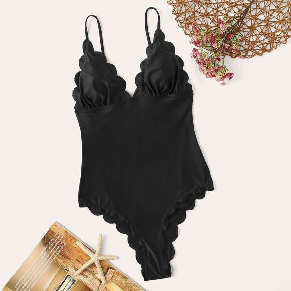 

Scallop Edge Thin Strap One Piece Swimsuit