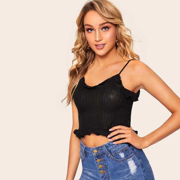 Frilled Trim Rib-knit Cami Top