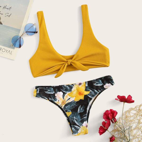 

Knot Front Top With Random Floral Bikini Set