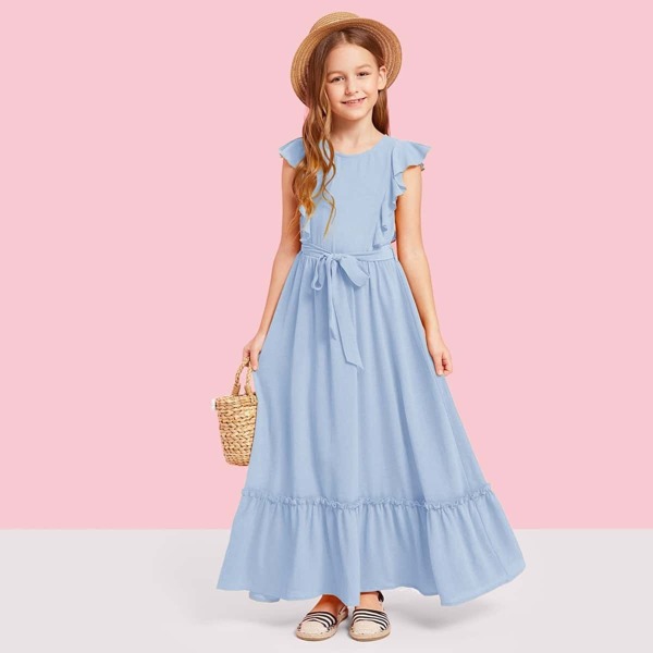 

Girls Ruffle Armhole Self Belted Dress, Blue pastel