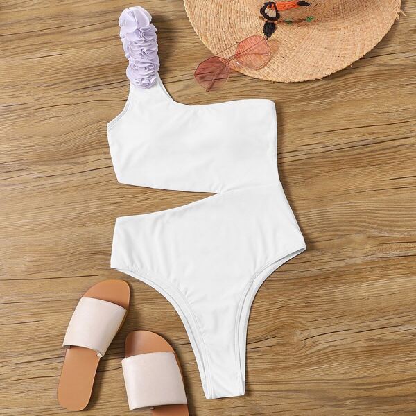 

Appliques Cutout Waist One Shoulder One Piece Swimsuit
