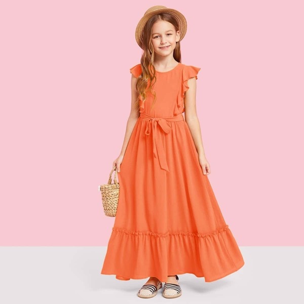 

Girls Neon Orange Ruffle Trim Belted Dress