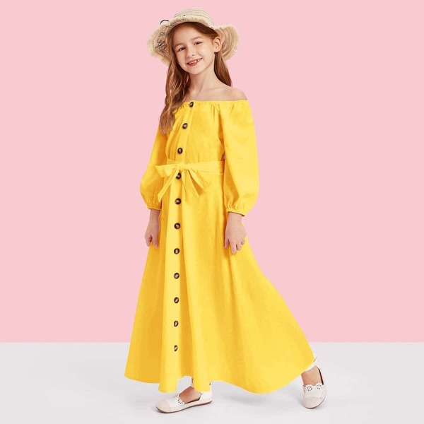 

Girls Lantern Sleeve Button Front Bardot Dress, Yellow