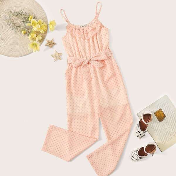 

Girls Ruffle Neck Polka Dot Cami Jumpsuit With Belt, Pink