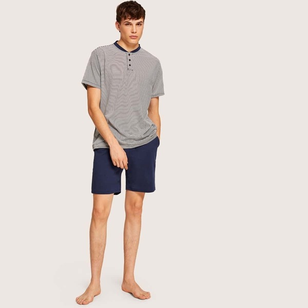 

Men Button Front Striped Tee & Short PJ Set