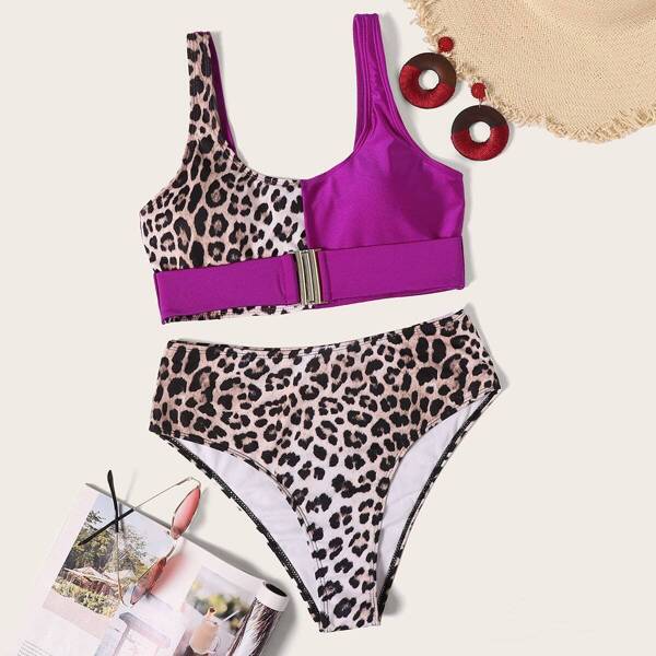

Leopard Buckle Top With High Waist Bikini, Multicolor