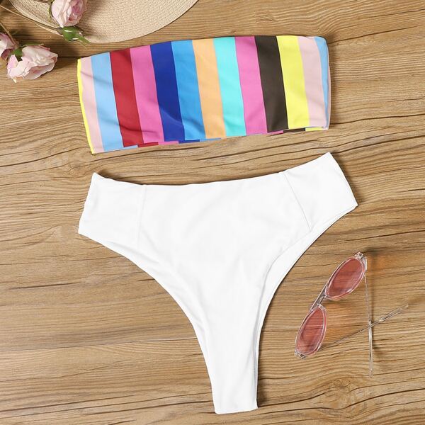

Striped Bandeau With High Waist Bikini Set, Multicolor