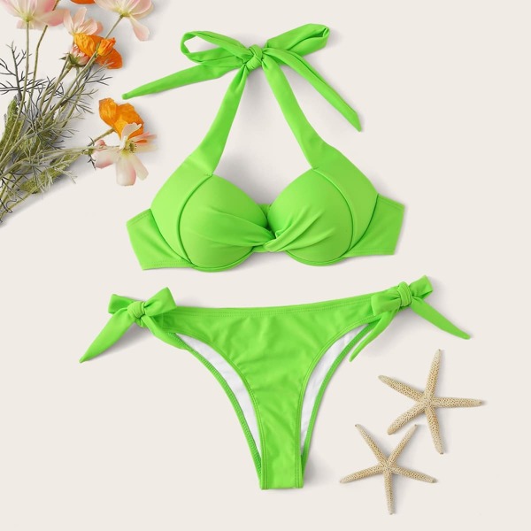 

Twist Halter Top With Tie Side Bikini Set, Green bright