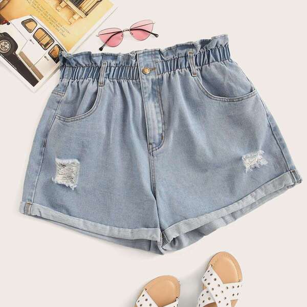 

Plus Paperbag Waist Ripped Detail Denim Shorts