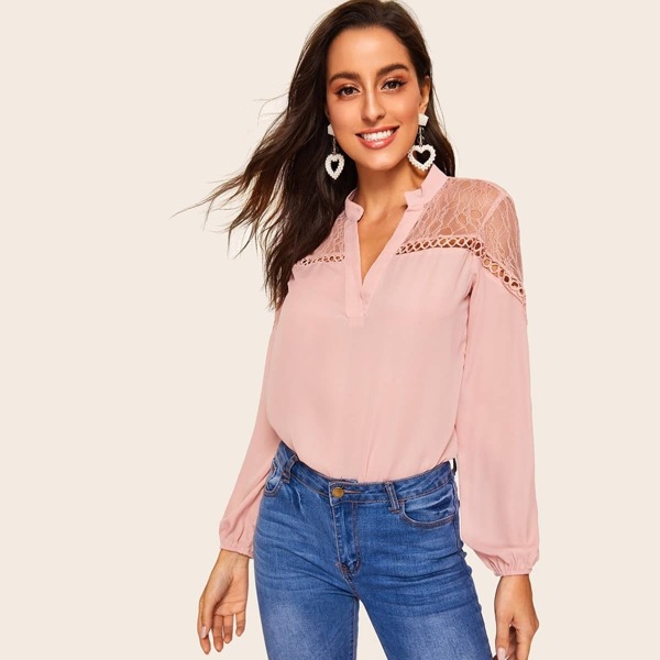 

V-placket Lace Yoke Top, Pink pastel