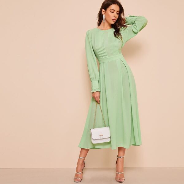 

Frill Bishop Sleeve Plisse Box Pleat Dress, Green pastel